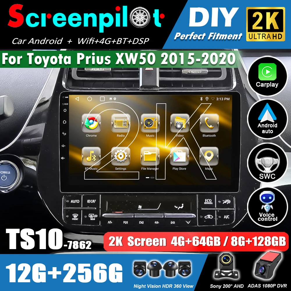 Android 16 Carplay Auto For Toyota Prius XW50 2015-2020 Car Radio Multimedia DSP Video Player GPS Navigation WiFi 5G 2din Stereo