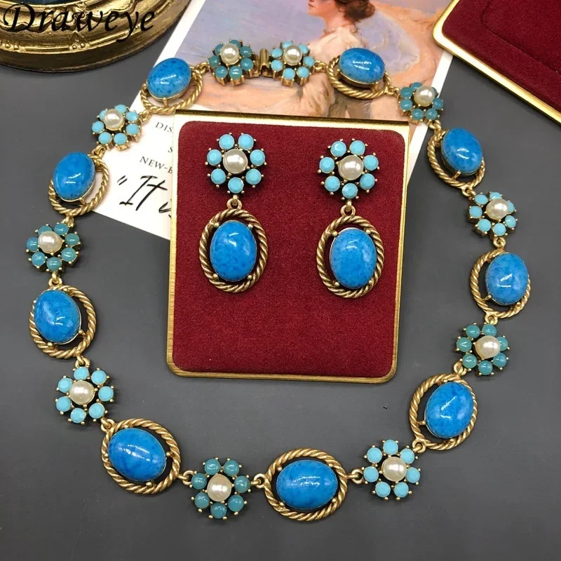 Draweye Flowers Dangle Earrings for Women Blue Geometric Palace Style Vintage Jewelry Fashion Dinner Party Aretes De Mujer