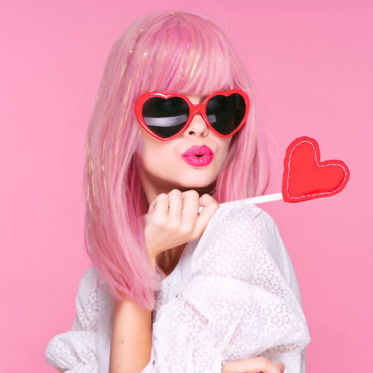 

Anxin New Pink Long Straight with Tinsel and Bangs Wholesale-Synthetic Wigs For Women Party