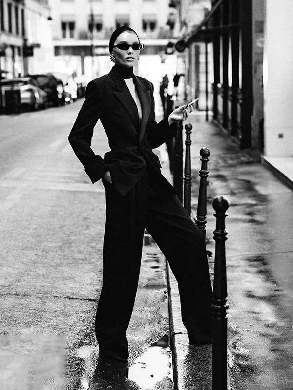 

Ele Lady Suit Jaet with Double Row Button Satin Collar oulder Pads Wide Leg Pants Two Piece Set for Women