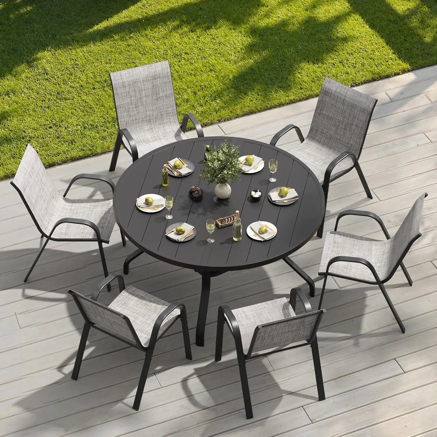 Outdoor Dining Set for 6, Patio Table & Stackable Chairs Set, Garden Furniture, Metal Frame, Customized