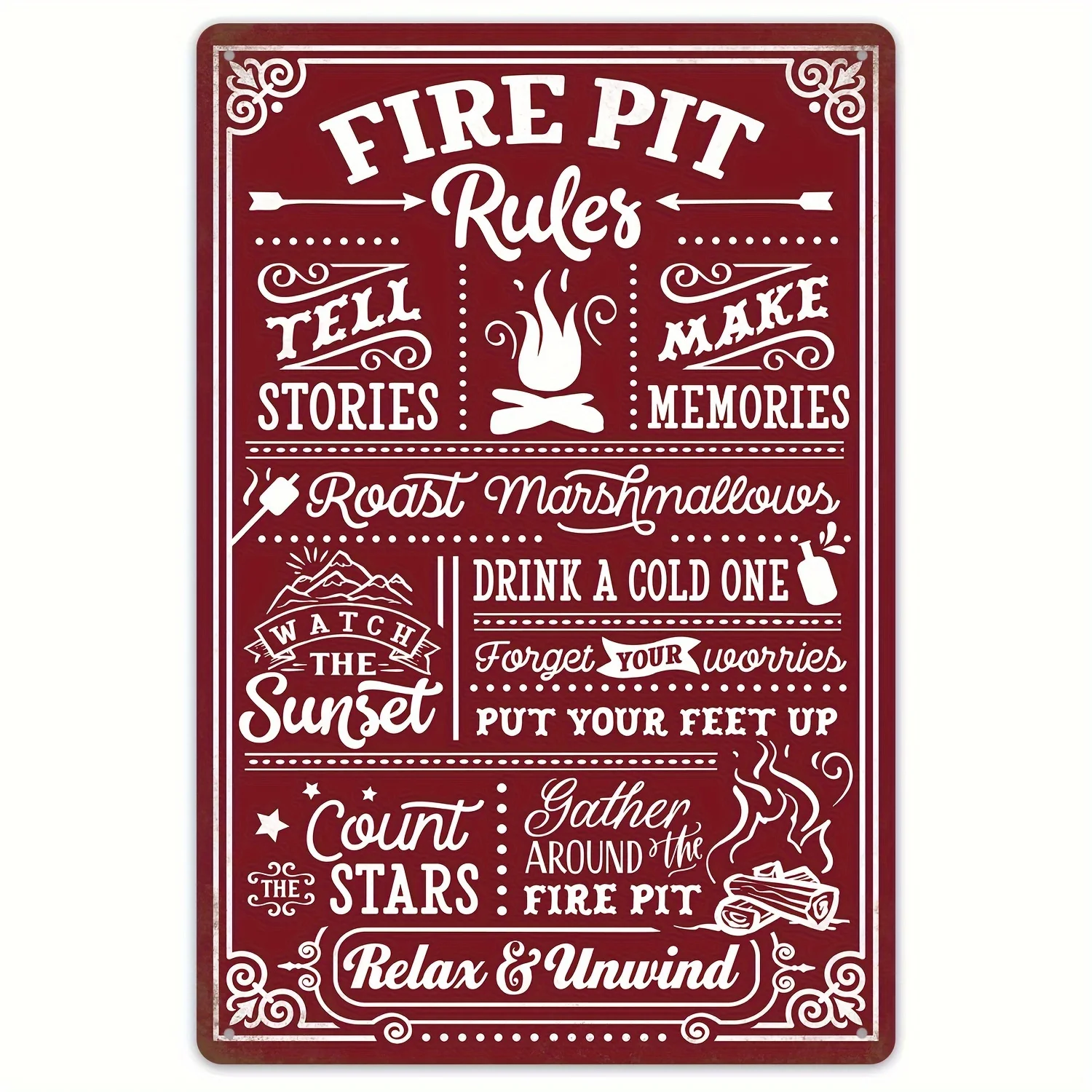 2D Metal Sign Fire Pit Rules Retro Wall Art 8x12 Inch Outdoor Decor for Home Bar Garage Patio Man Cave