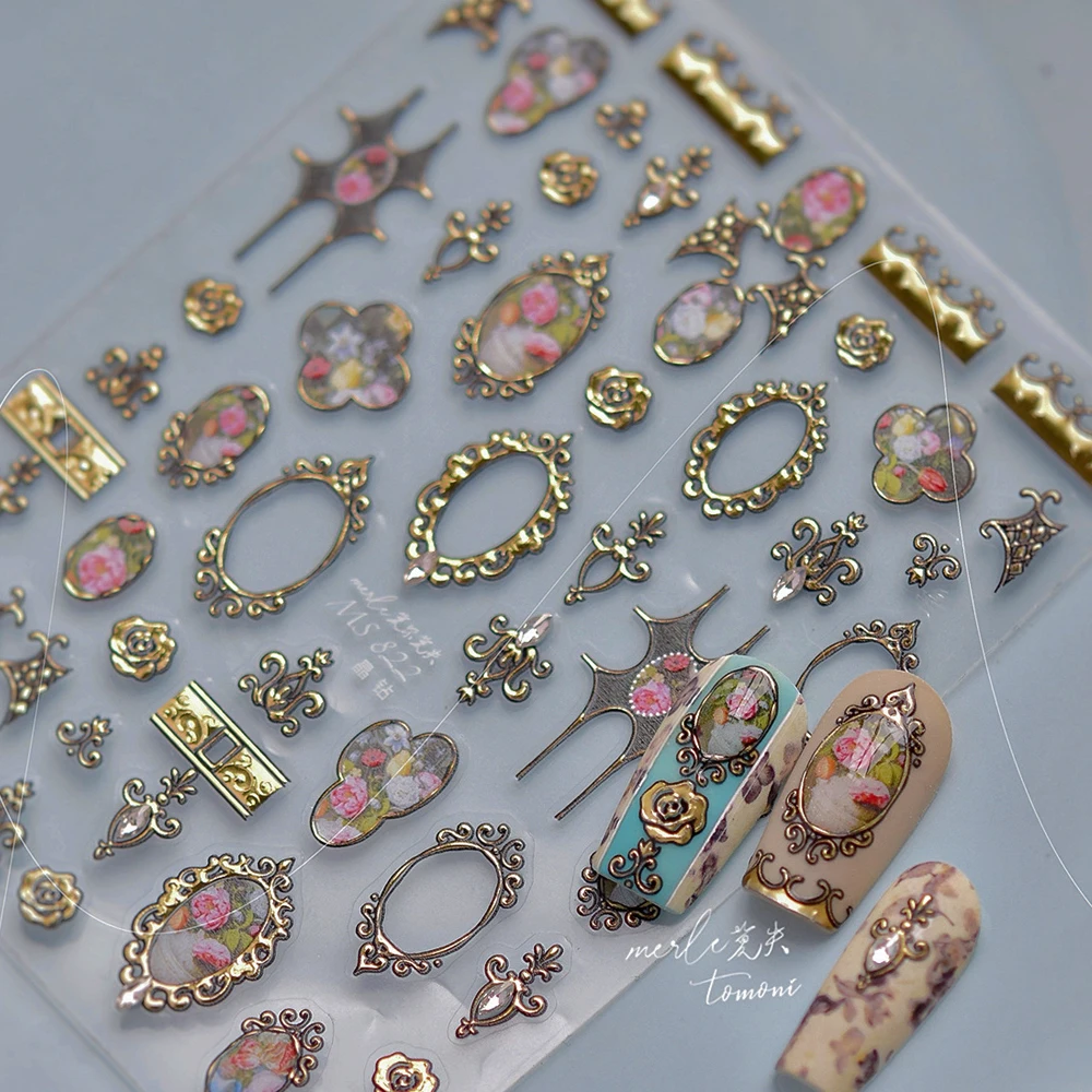 Luxury 5D ดอกไม้เล็บสติกเกอร์ทองเงินสไตล์จีนกรอบโลหะคริสตัล Rhinestone Self Adhesive เล็บ Decal