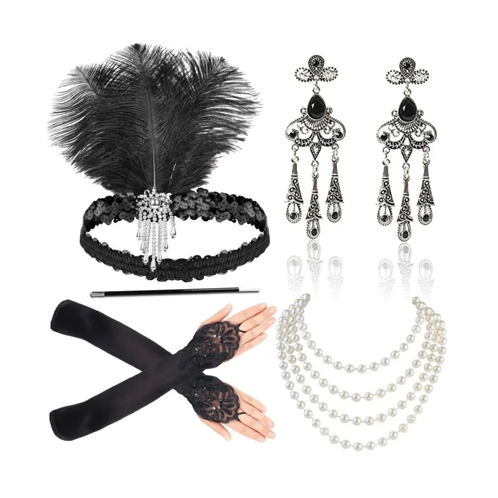 Vintage 1920's Flapper Girl Headband Women Gatsby Party Costume Accessories Set Pearl Necklace Gloves Cigarette Holder Earrings