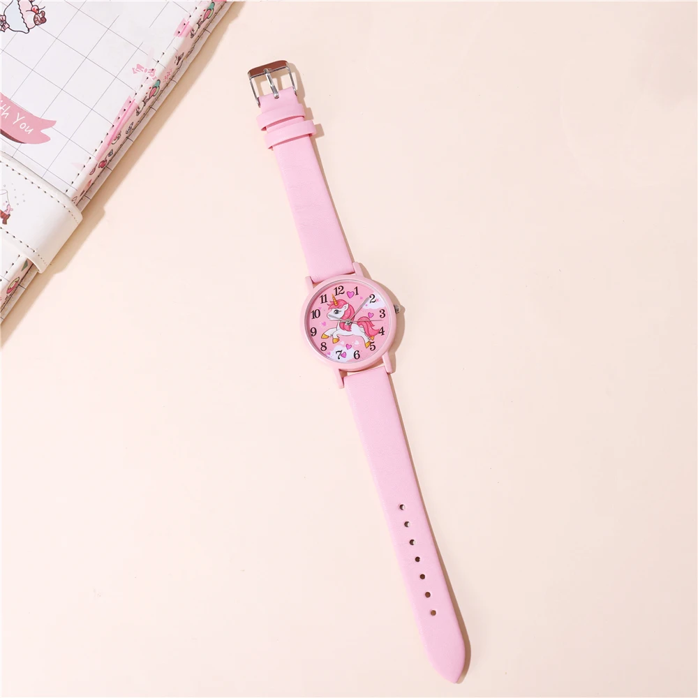 Cute Pink PU Leather Band Unicorn Children's Cartoon Watch