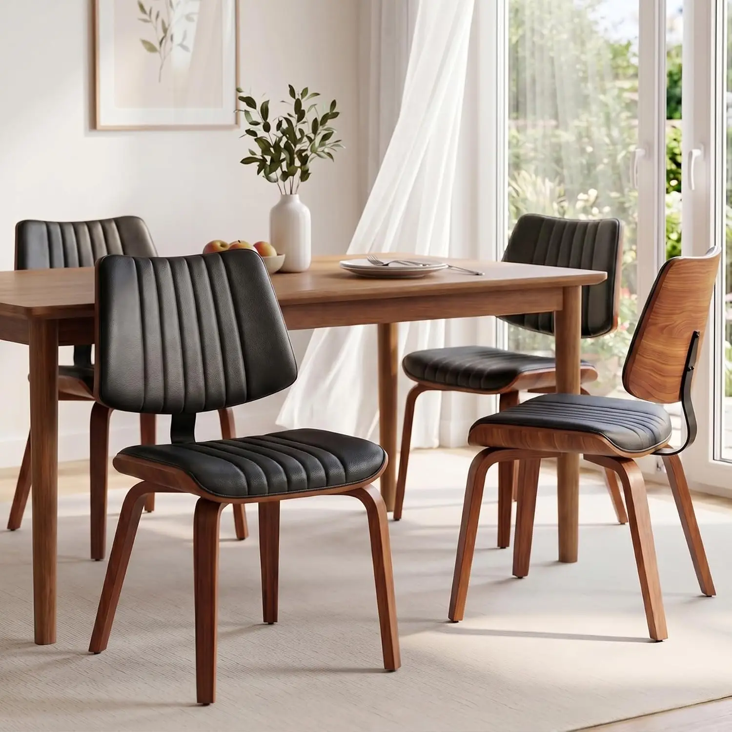 Mid Century Modern Dining Chairs Set of 4, Walnut Kitchen Chairs,Black, Custom