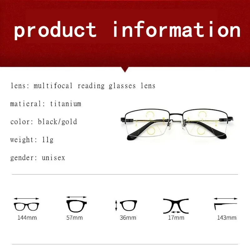Metal Titanium Progressive Multifocal Reading Glasses Men Women Anti Blue Light Presbyopic Glasses Half Frame High Quality