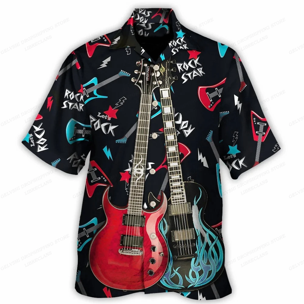 Camisa masculina de manga curta com música havaiana, blusa de praia casual, roupas masculinas, camisas de acampamento, gola vocacional moda