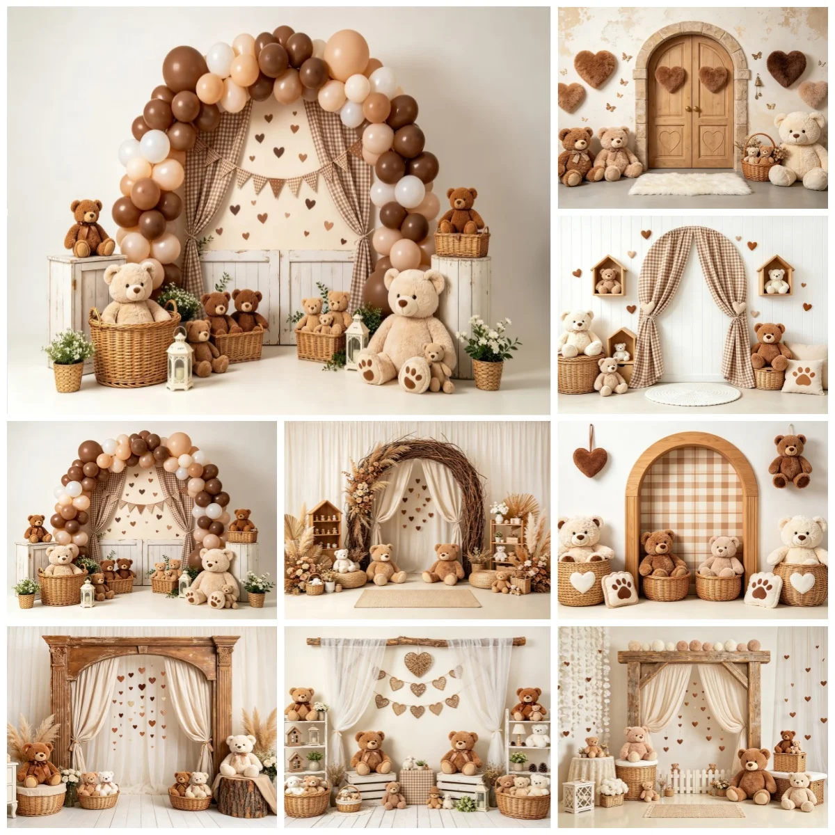 Fond de photographie Ours en peluche, arche de ballons marron, décoration ours, toile de fond pour baby shower, anniversaire d'enfants, séance photo "Cake Smash", studio photo