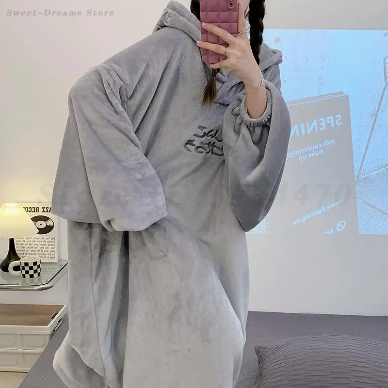 Oversize Loose Nightgown Hooded Nightdress Bathrobe Gown Women Thicken Coral Fleece Sleepwear Winter Homeclothes Cute Loungewear