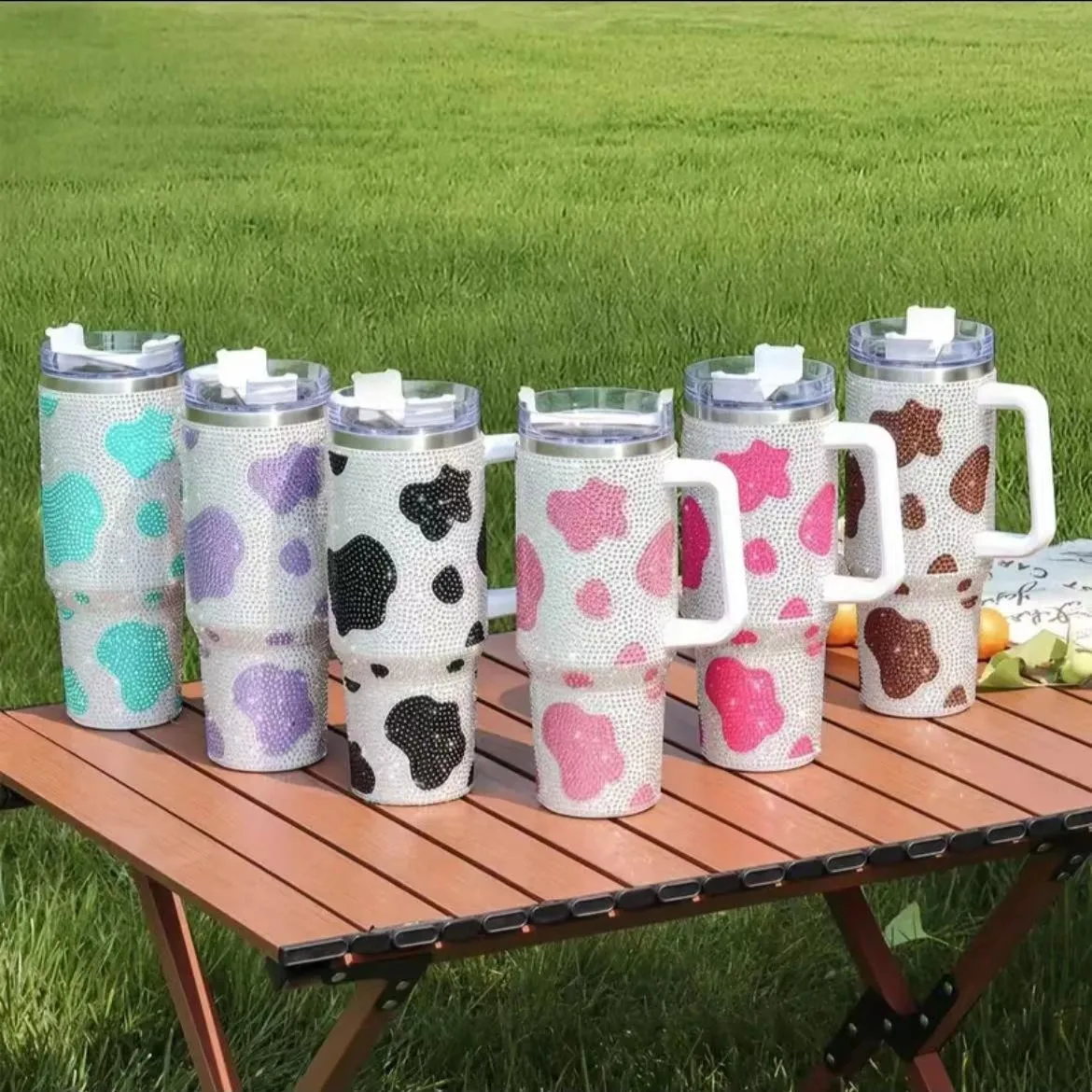 Cow Print Studded Tumbler With Lid, 40oz Stainless Steel Insulated Water Bottle With Handle, Shiny Sparkling Portable Drinking