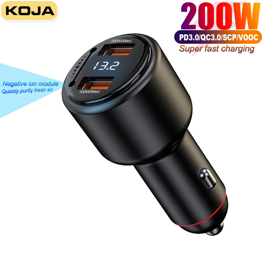 200W USB Car Charger Dual 100W Fast Charging With Negative Ion Air Purifier For IPone Huawei 66W SuperCharge Xiaomi 13 Samsung