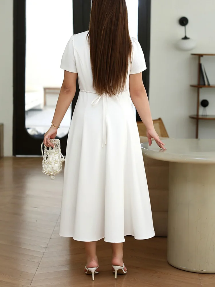 Vestido feminino plus size com gola quadrada, premium, vintage, elegante, emagrecimento, cintura, manga bufante, estilo preppy, acadêmico, chique, casual