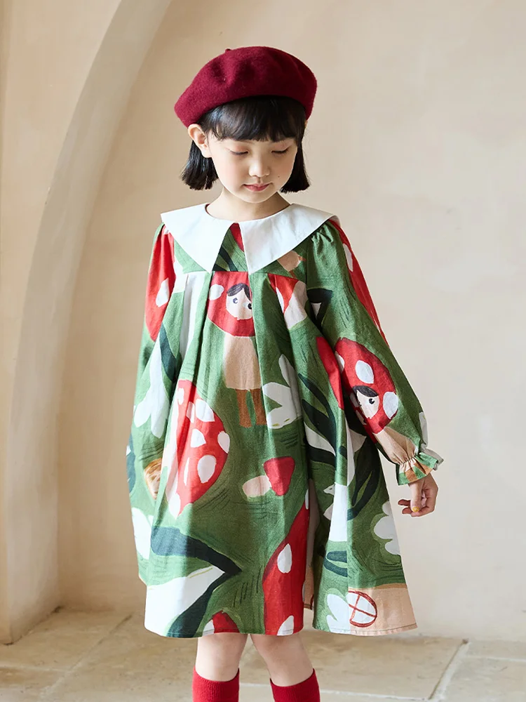 Baby Girls 100% Cotton Full Sleeve Dresses 2022 Autumn Green Cartoon Printed Handpainted Cute 2T 14Y Kids Clothing 160cm 100cm