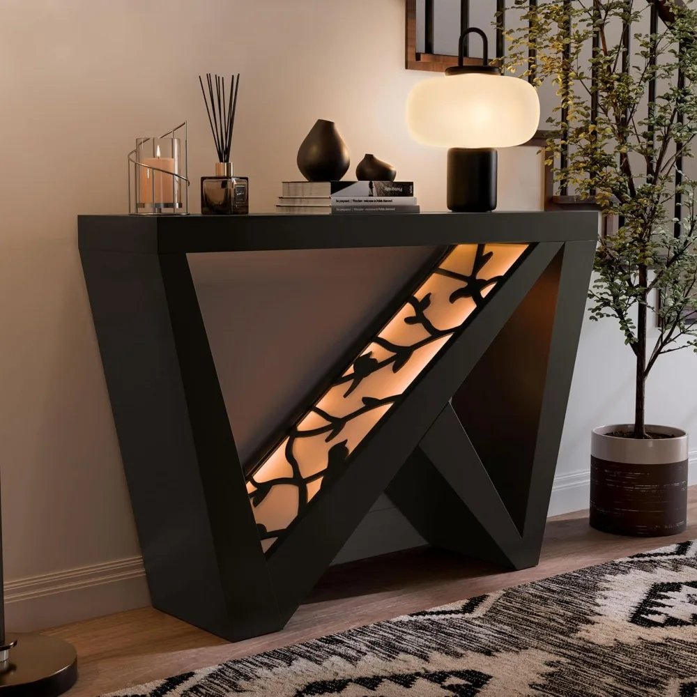 

Naomi Style LED Accent Console Table with W-Shaped Legs, Remote Control, and Wooden Construction for Modern Entryway Decor