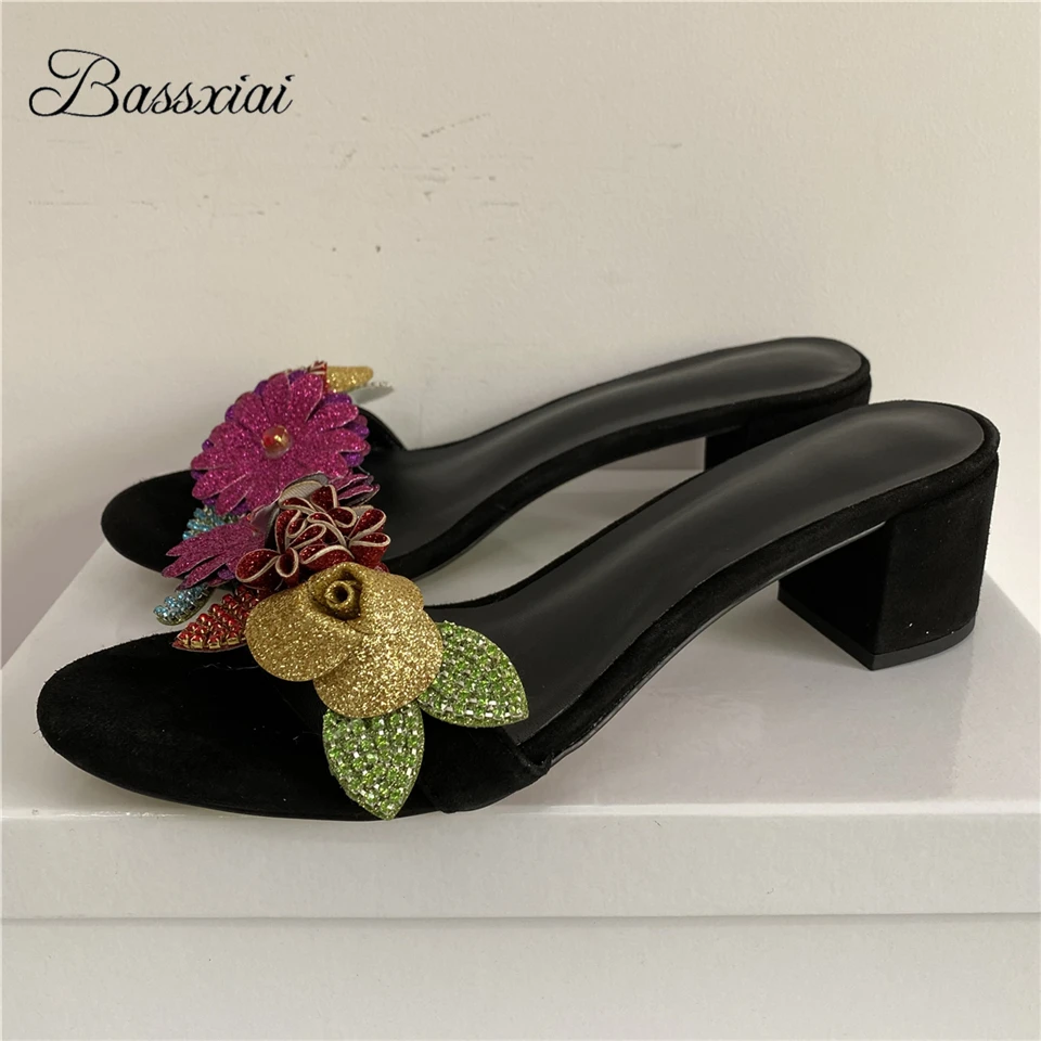 Colorful Sequins Crystal Flower Sandals Women Luxury Suede Slingbacks Med Heel Open Toe Summer Mules For Girls