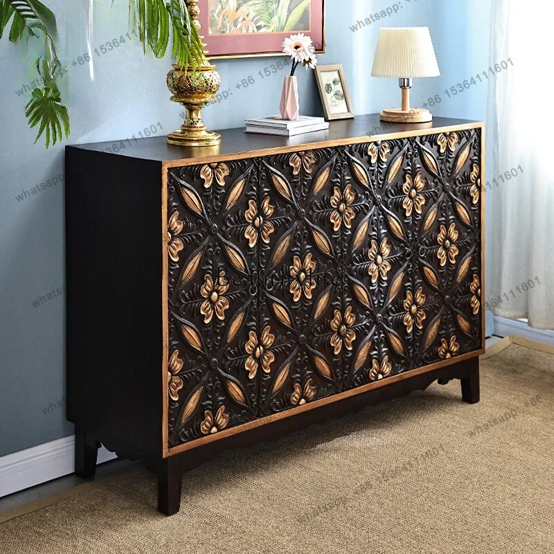PJ New Chinese Elm Porch Cabinet Thai Partition South East Asia Style Solid Wood Carving Flower Cabinet