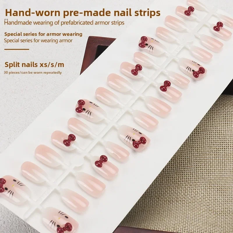 Lindo lazo rojo corto ovalado prensa 30 Uds en la uña con gato de dibujos animados uñas postizas francesas brillantes para niñas herramientas de uñas Ins usables