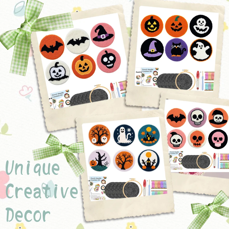 6pcs Halloween Punch Needle Coaster Kit Easy DIY Embroidery Art for Beginners Punch Needle Embroidery Kits for Adults Craft