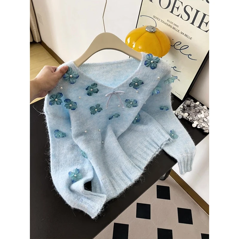 

Faionable Knitted Sweater Women's Loose V-Ne Sve Long Pure Color Autumn Winter New Sle Youthful Flower Embroidery