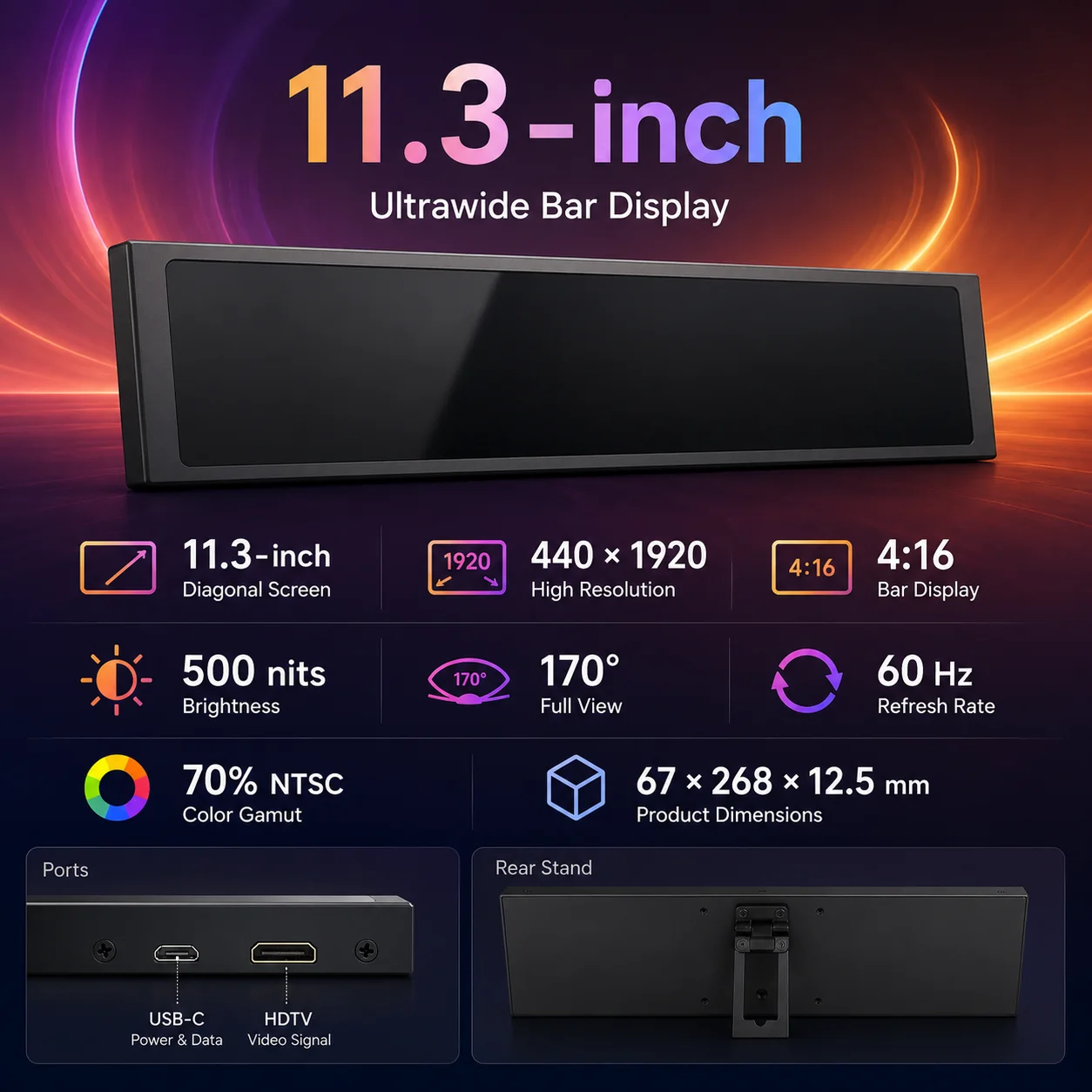 LESOWN 소형 확장 스크린 LCD 와이드 바 모니터 11.3 8.8 7.9 인치 440x1920 IPS HDMI 컴퓨터 라즈베리 파이 용 모니터 확장 썸네일 2