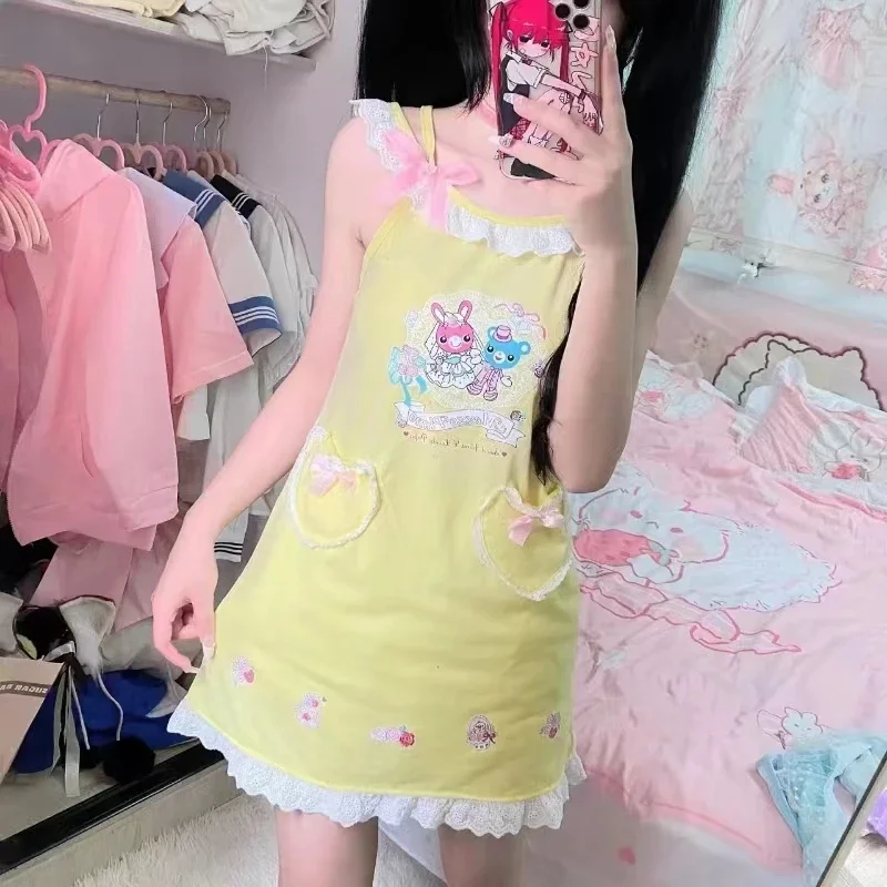 Japanese Lolita Style Sweet Cartoon Print Girl Dress 2024 Summer Cute Bow Princess Mini Dresses Sleeveless Party Camisole Dress