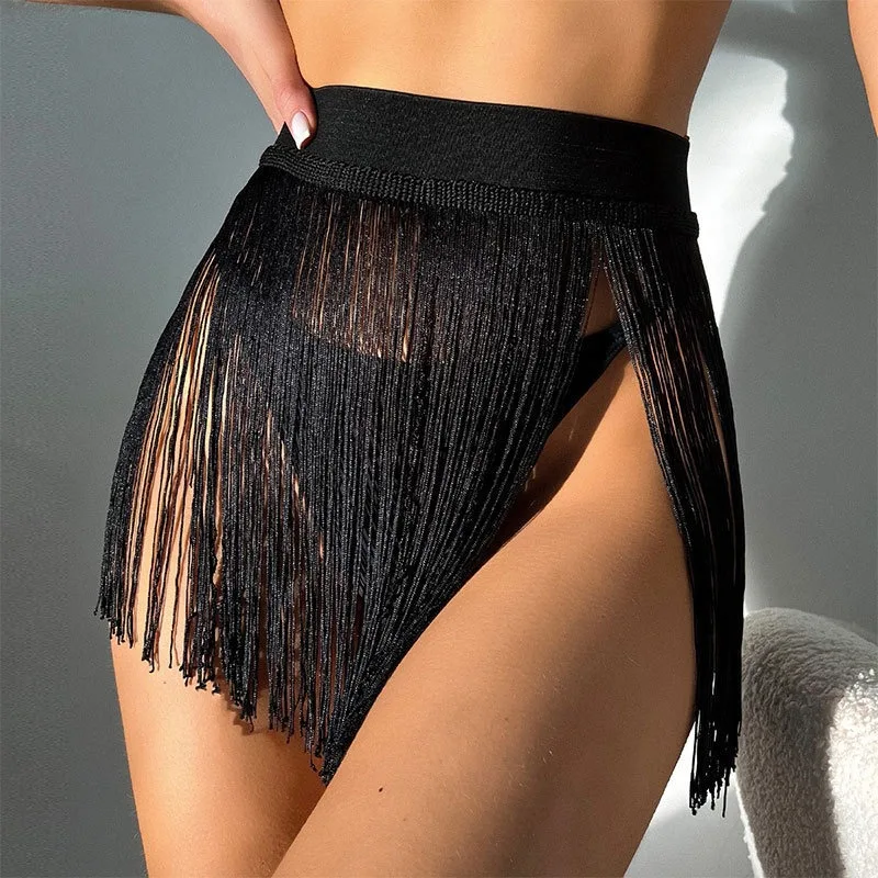 

Summer Mini Tassels Black See Through Skirts Women Sexy High Waist Solid Dress Girls Party Clubwear Beach Wrap Bikini Cover Ups