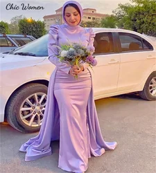 Lilac Muslim Prom Dress With Overskirt Train High Neck Long Sleeve Mermaid Evening Dress Arabic Turkey Party Birthday Customized