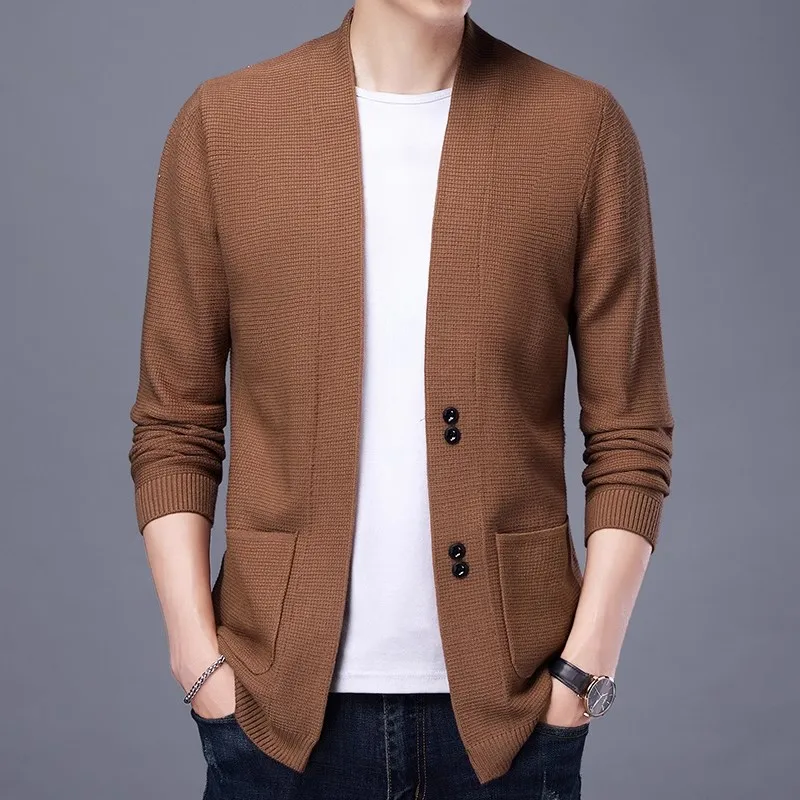 Autumn Winter Knitted Cardigan Men Fashion Slim Fit Sweater outerwear Mens Solid Color V Neck Casual Korean Knit Cardigan Man