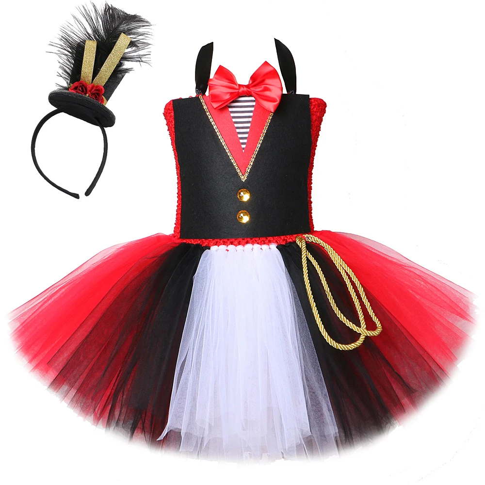 Circus Ringmaster Tutu Dress for Girls Carnival Halloween Costume Kids Animal Circus Performance Outfit with Feather Hat Hairbow