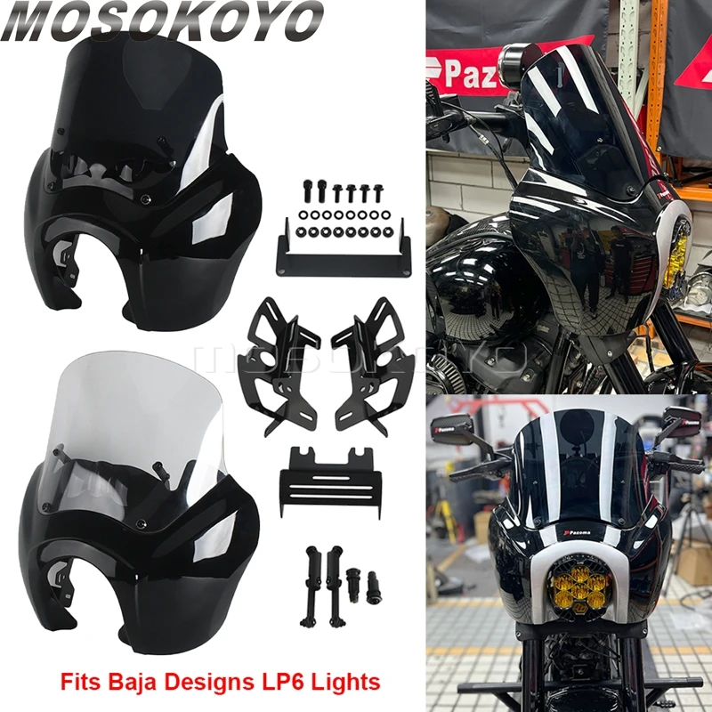 Motorcycle Club Style Headlight Fairing W/ Bracket For Baja Design LP6 Lights 15in Windshield For Harley Softail Softail Fat Bob view 4