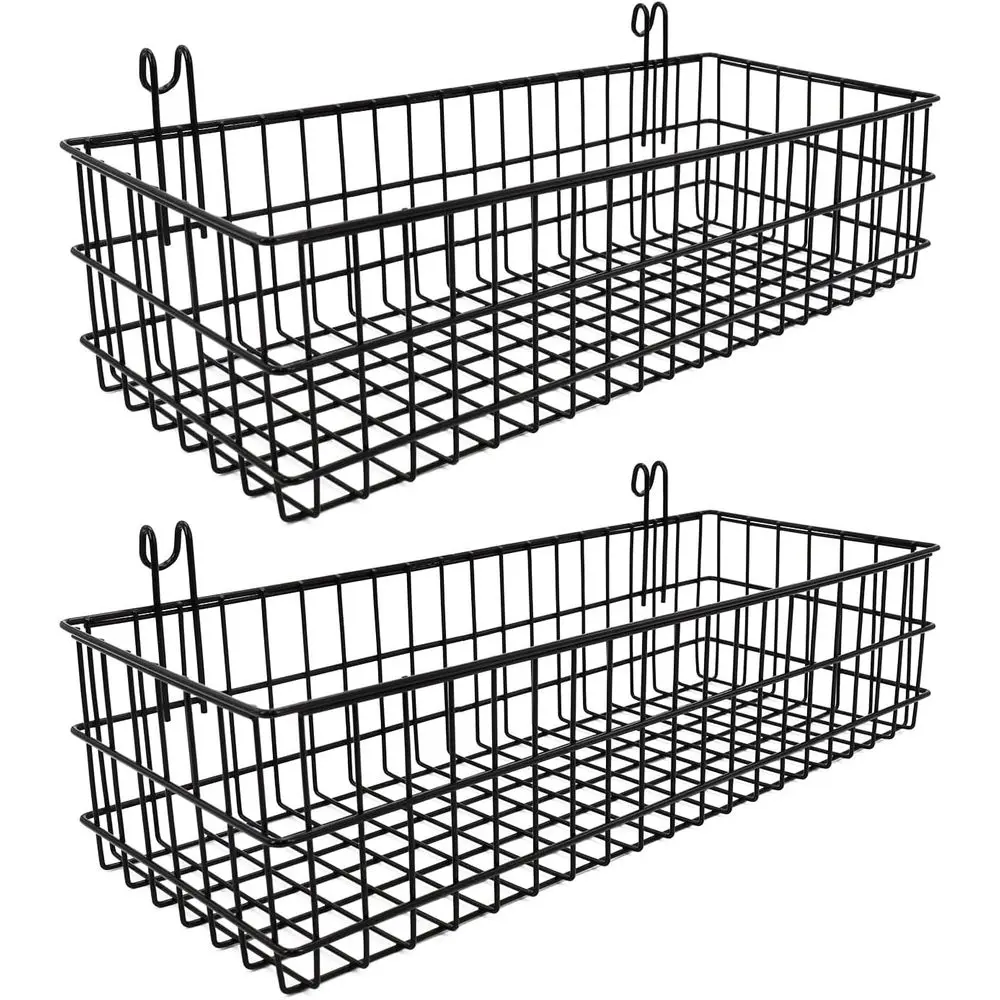 

Set of 2 Black Metal Wall Baskets with Hooks for Grid Panel, Versatile Storage for Kitchen and Bathroom, Home Decor