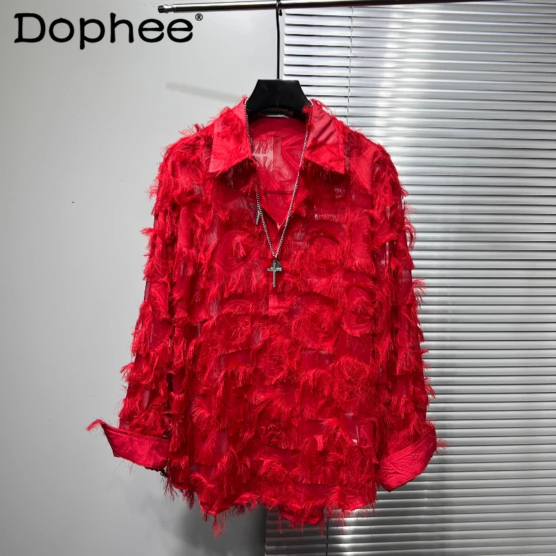 

2025 Men's Autumn New Personality Feather Tassel Loose Comfort Tops Stylish Lapel Stylish Shirts Men's Trendy Long Sleeve Shirts