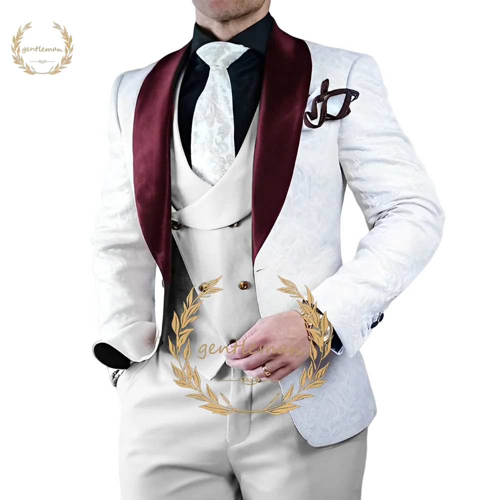 

Men's white jacquard jacket, burgundy shawl collar jacket, fashion design vest pants, 3 piece set, custom made wedding suit