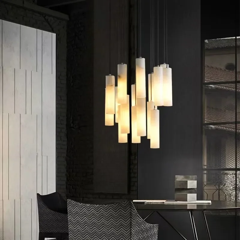 

2025 Postmodern Luxury Cylindrical Copper Marble LED Pendant Lamp Bedroom Study Dining Room Studio Lighting Fixtures Dropshippin