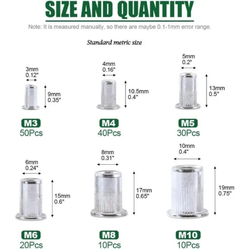 160 Uds M3 M4 M5 M6 M8 M10 Kit surtido de tuercas de remache métrico tuercas de inserción roscadas de cabeza plana de aluminio para muebles automotrices