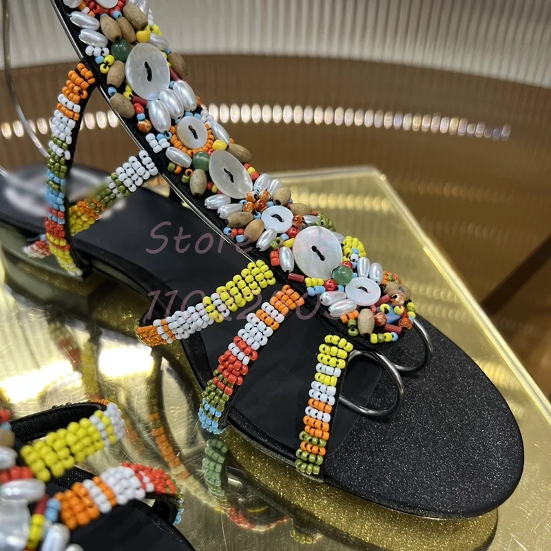 

Colorful Shells Appliques Flat with Sandals Round Toe Crystal Button Cross-tied Vintage Luxury 2024 Women Fashion Handmade Shoes