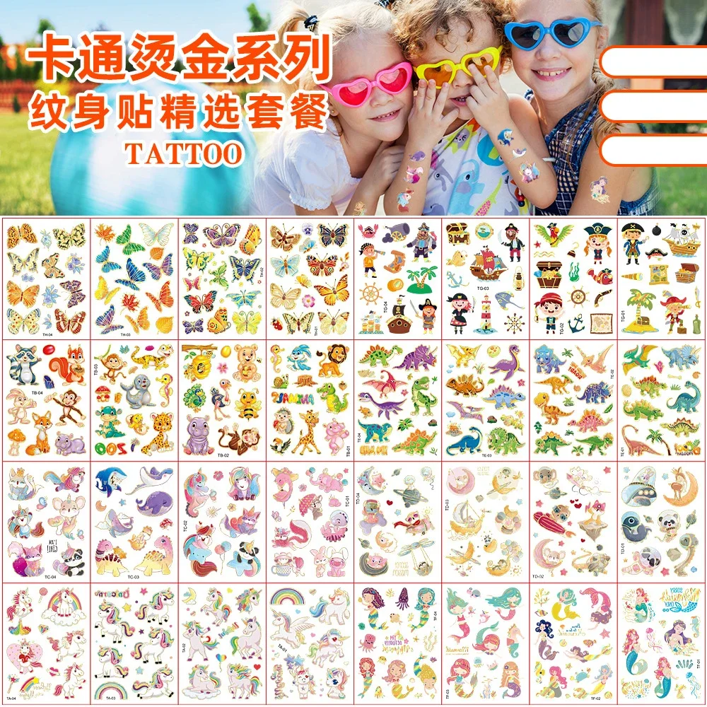 Children's Cute Tattoo Dinosaur Unicorn Mermaid Animal Temporary Bronzing Fake Tattoo Stickers Waterproof Disposable Body Tattoo