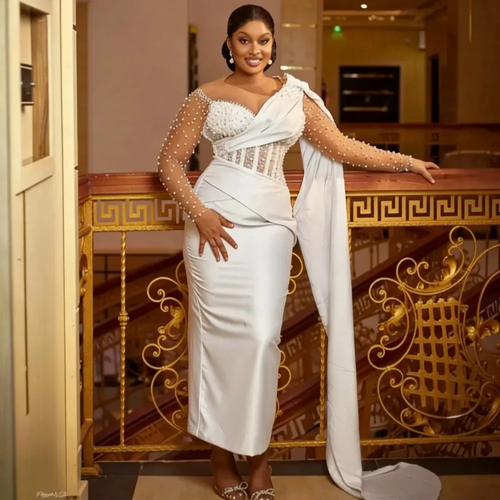 2026 African Satin Mermaid Wedding Dress Ankle Length Transparent Collar Pearl Long Sleeve Straight Tube Bride Dress Customized