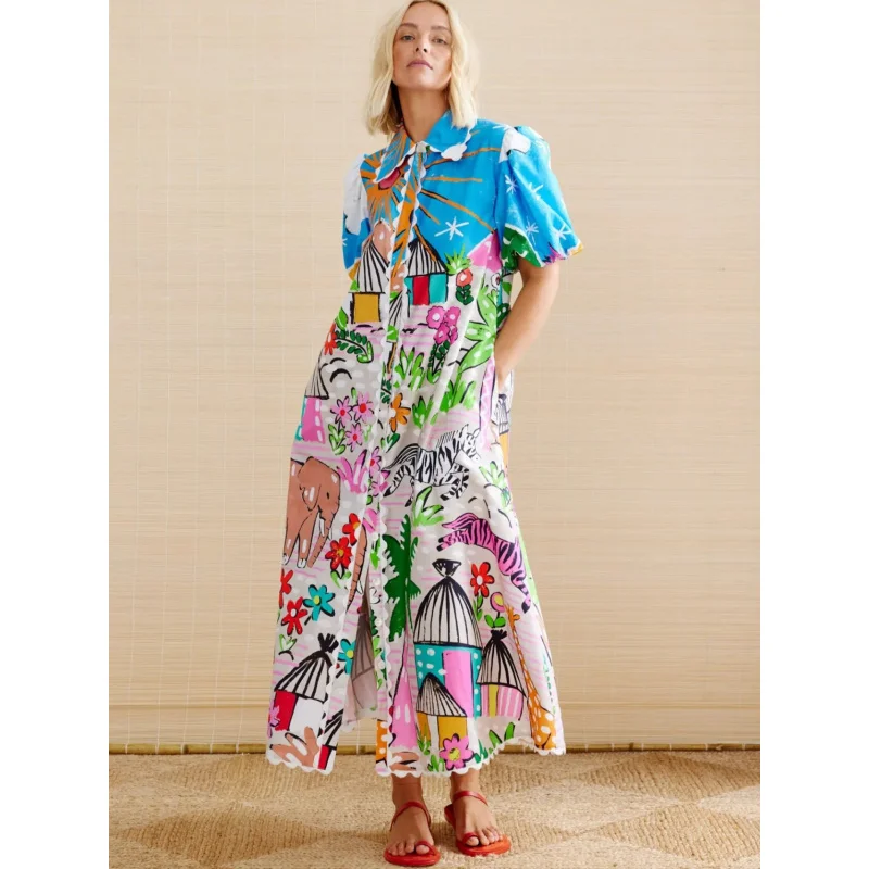 

2025 European and American Personalized Printed Shirt Collar Cardigan for Women Dress C001