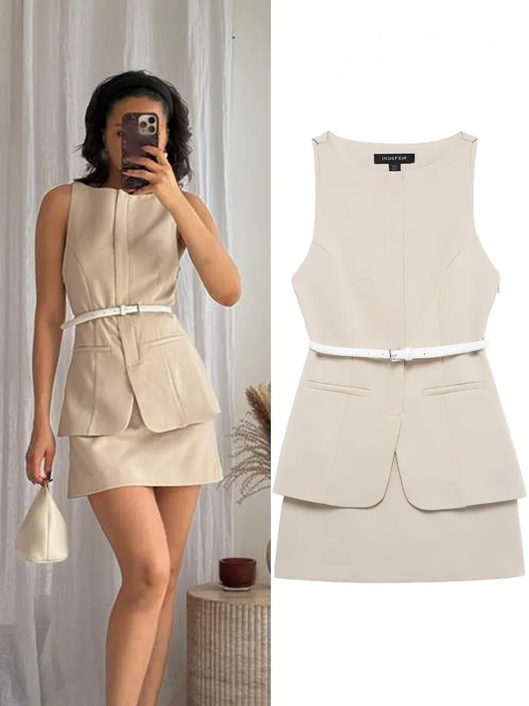 HH-minivestido femenino de verano para mujer, vestido liso con cuello redondo, sin mangas, bolsillos, cinturón decorativo, cremallera, vestidos de moda para mujer