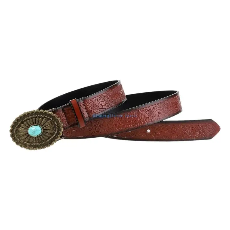 652B Bohemian Belt for Women Turquoises Buckle Belts Embossed Waistband for Jeans Pants Unisex Decorative Belt for Adult