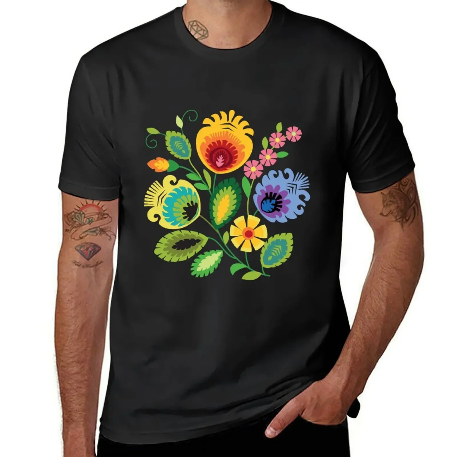 

Polish Folk Flowers Yellow on Black T-Shirt vintage clothes blanks oversized plain fitted t shirts for men