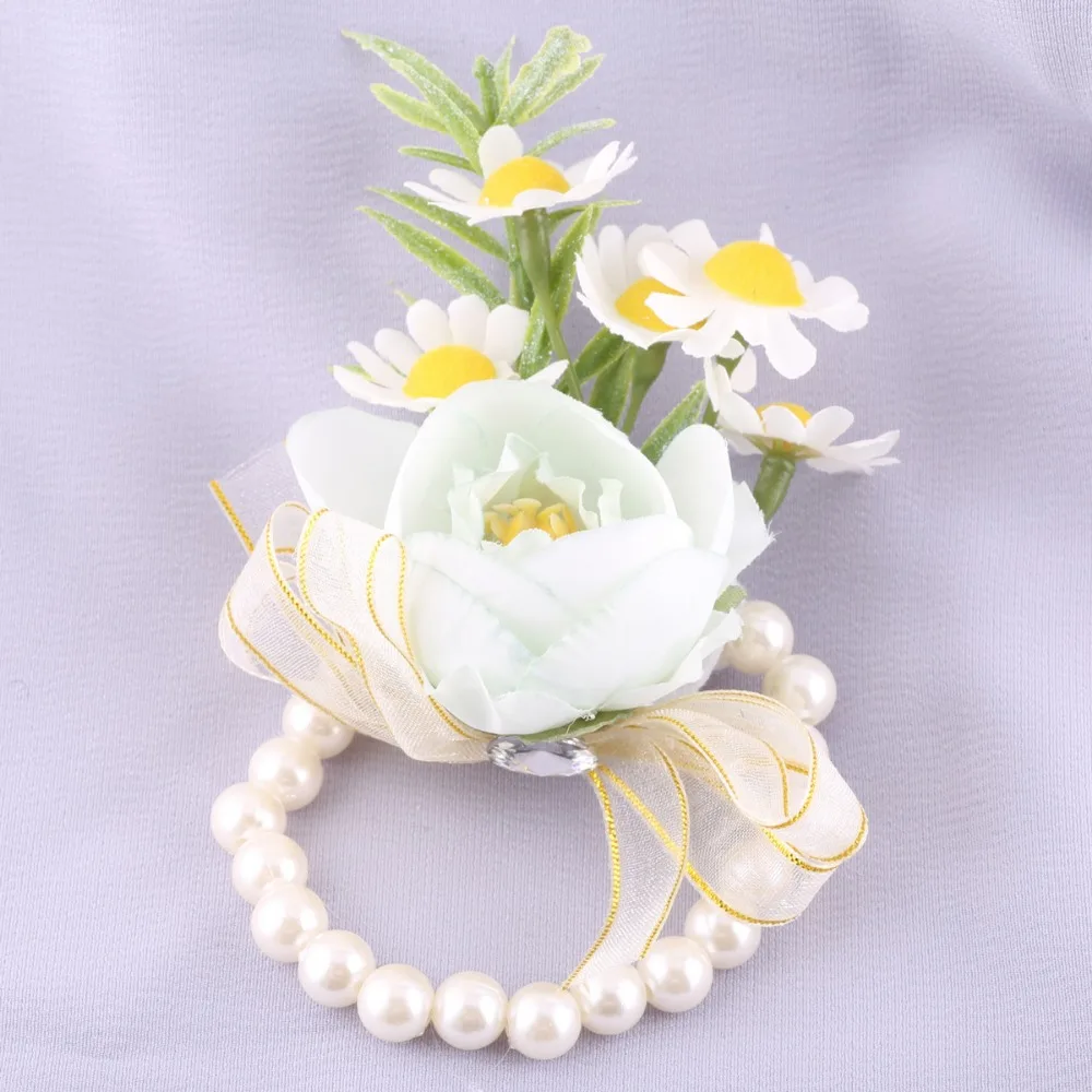 Artificial White Silk Rose Wedding Boutonniere for Men Daisies Pearls Ribbon Bow Bridesmaid Corsage Pins Marriage Accessories