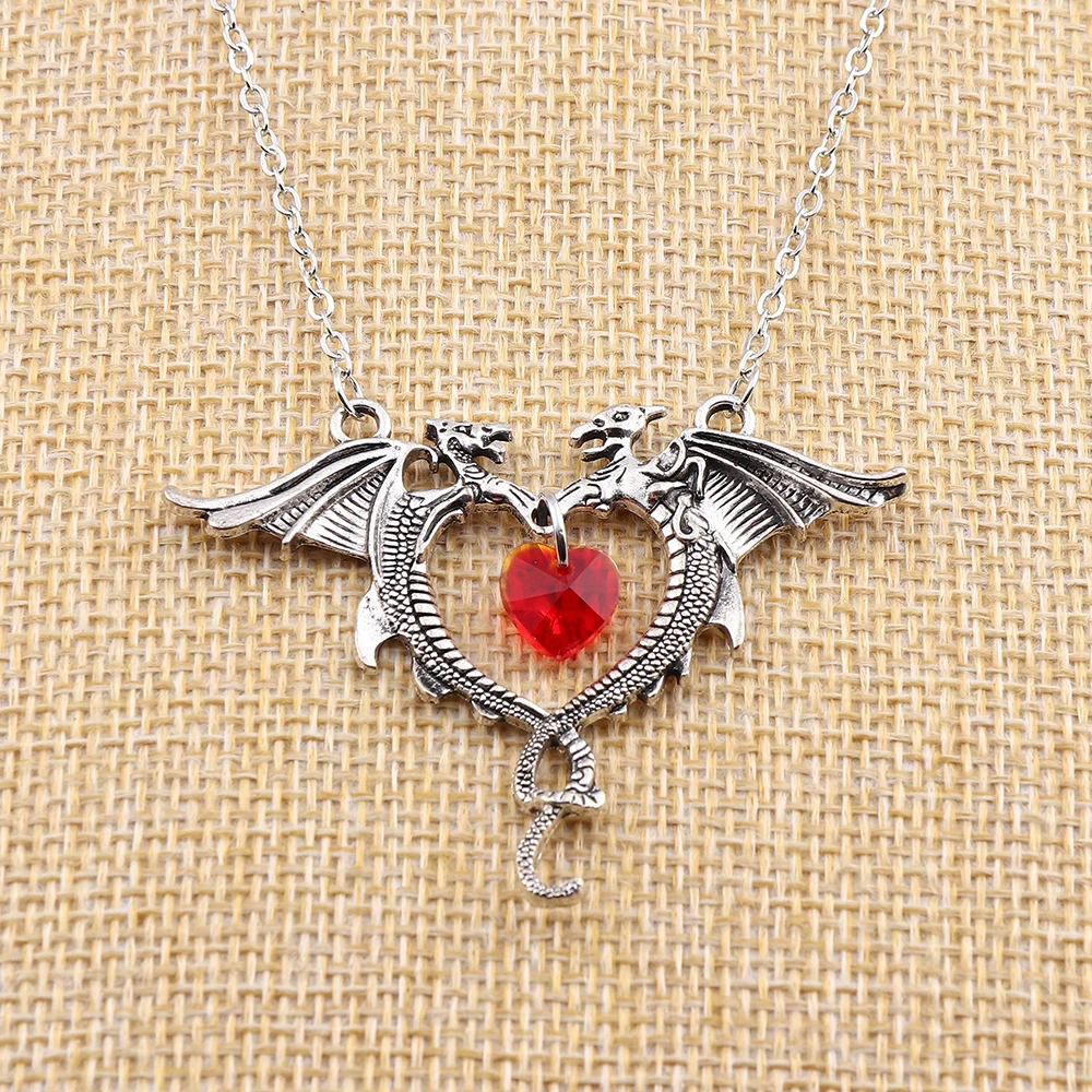 Tibetan Silver Large Crystal Double Dragon Wings Heart Charms Pendants Necklace on Long Chain for Jewelry Women Men Gift