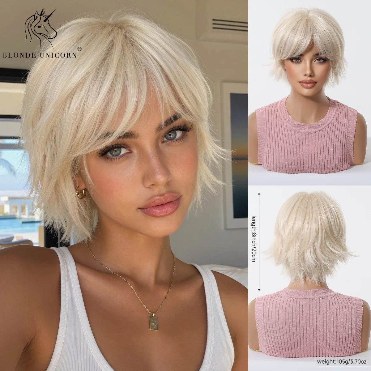 Platinum Blonde Short Straight Synthetic Bob Wig Heat Resistant Natural Looking Hair for Women Daily Party Halloween Cosplay Use