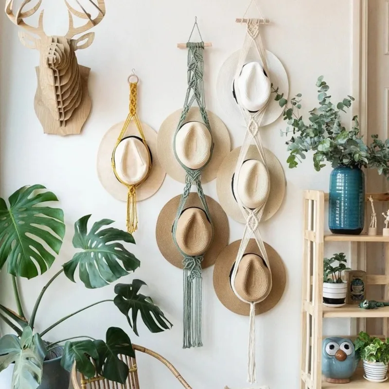 Creative Hand-woven Macrame Tapestry Decoration Boho Wall Hanging Hat Storage Hat Rack Cotton Rope Caps Holder Organizer Display