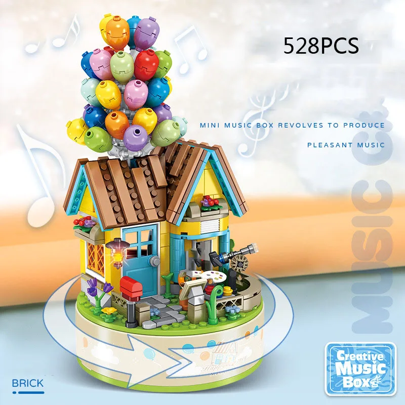 Creatieve Muziekdoos Ballon Huis Bouwsteen Stree View Bouw Baksteen Schilder Figuren Educatief Speelgoed Voor Kinderen Geschenken