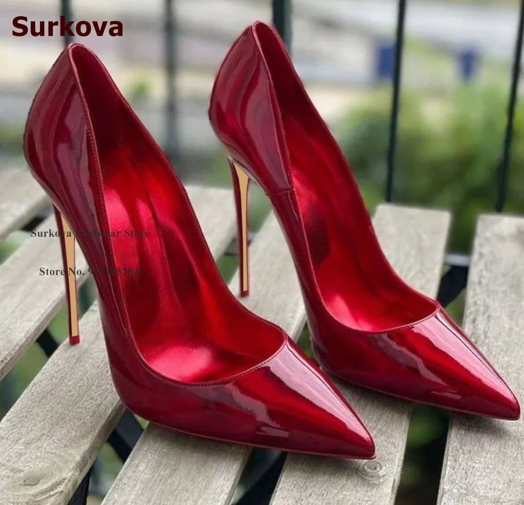 Surkova Hologram Iridescent Red Purple Patent Leather High Heel Shoes 12cm 10cm 8cm Stilettos Reflective Mirror Leather Pumps