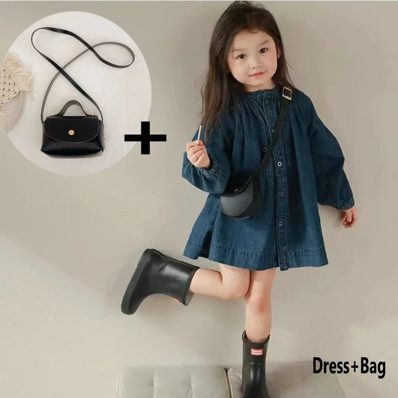 2023 NEW Denim Dress For Kids 2-8Y Fashipn Dress Casual Wear with Leather bag Jean Top Children